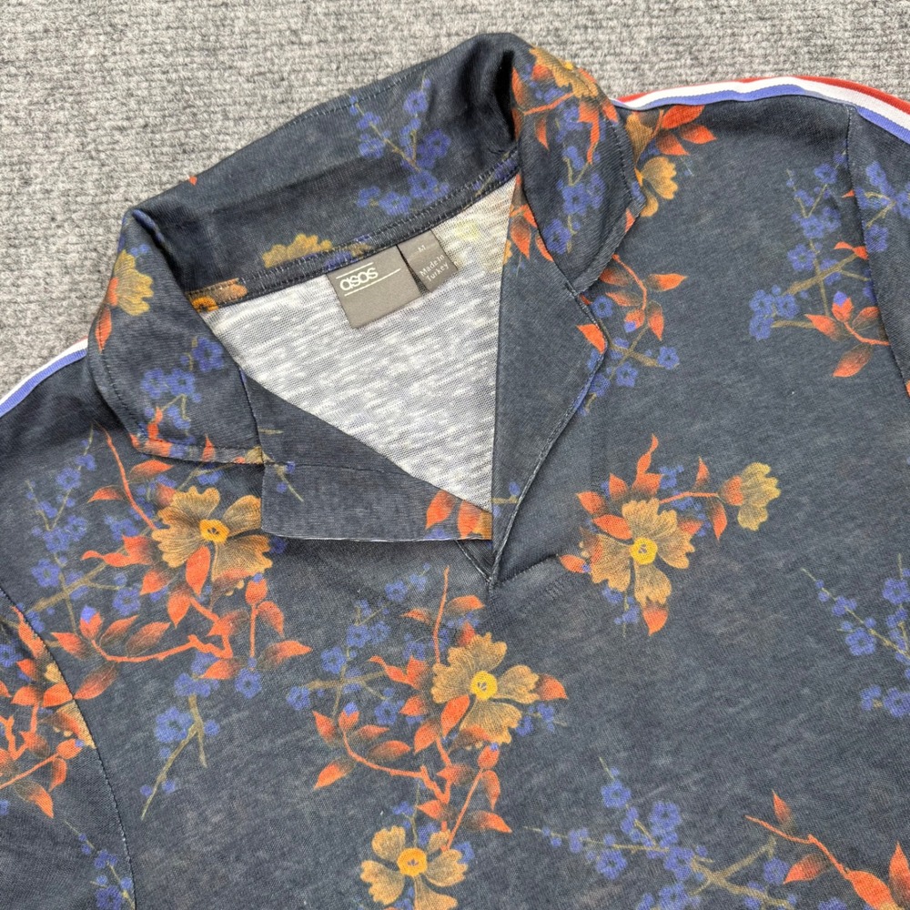 ASOS Polo Shirt Medium Navy Floral Side Stripe Notch‎ Collar Excellent Mens